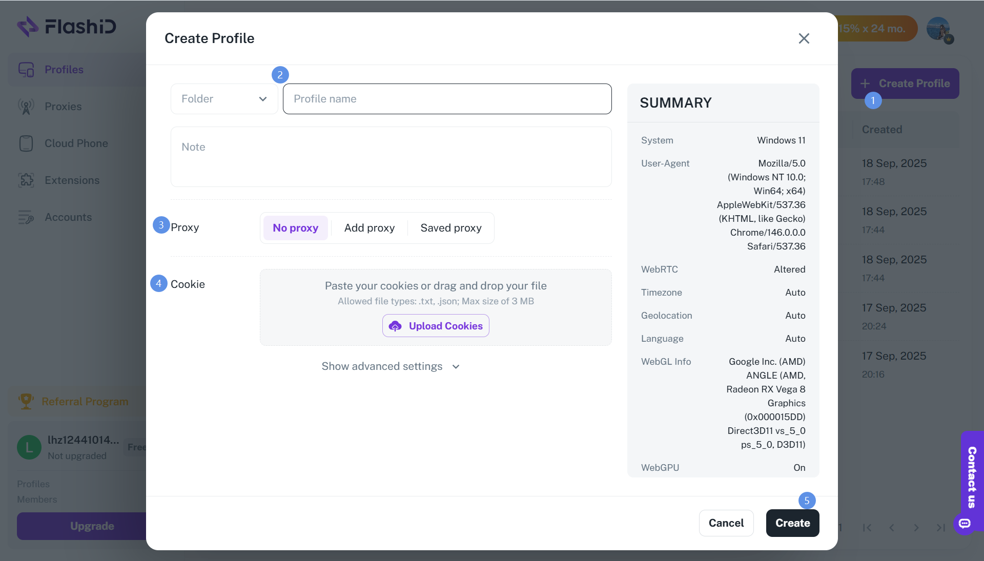 FlashID Create Profile penceresi: proxy seçenekleri ve parmak izi özeti.